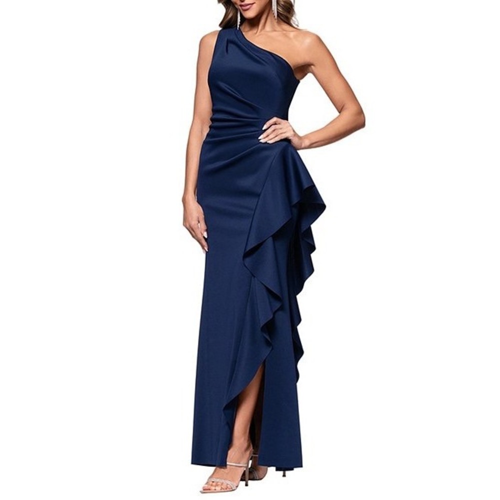 Xscape One Shoulder Side Ruffle Scuba Crepe Gown Navy Blue Size 14 Formal Dress